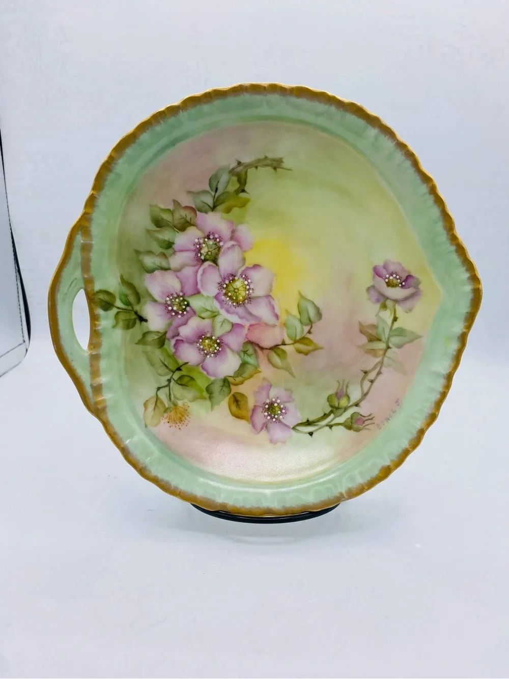 Antique Hand-Painted Floral Serving/ Trinket Dish - Mint Green And Gold Edge